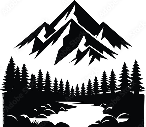 Mountain peak vector, Mountain Symbol, Black and white mountain range wall art, symbolic landscapes trees stencil art outdoor scenes vector illustration
