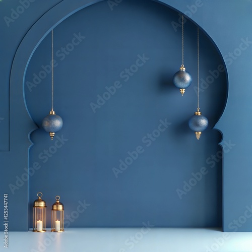 Elegant Blue Islamic Arch Design with Hanging Lanterns and Ornaments - Minimalist Festive Background