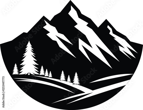 Mountain peak vector, Mountain Symbol, Black and white mountain range wall art, symbolic landscapes trees stencil art outdoor scenes vector illustration
