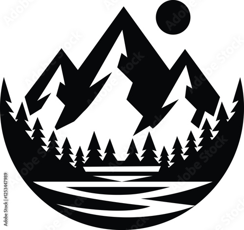 Mountain peak vector, Mountain Symbol, Black and white mountain range wall art, symbolic landscapes trees stencil art outdoor scenes vector illustration
