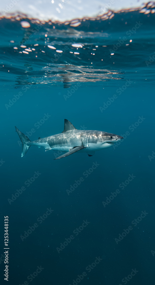 Fototapeta premium Great White Shark Majesty: Underwater Predator Portrait, Ocean Life, Apex Predator, Wildlife Photography, Marine Beauty