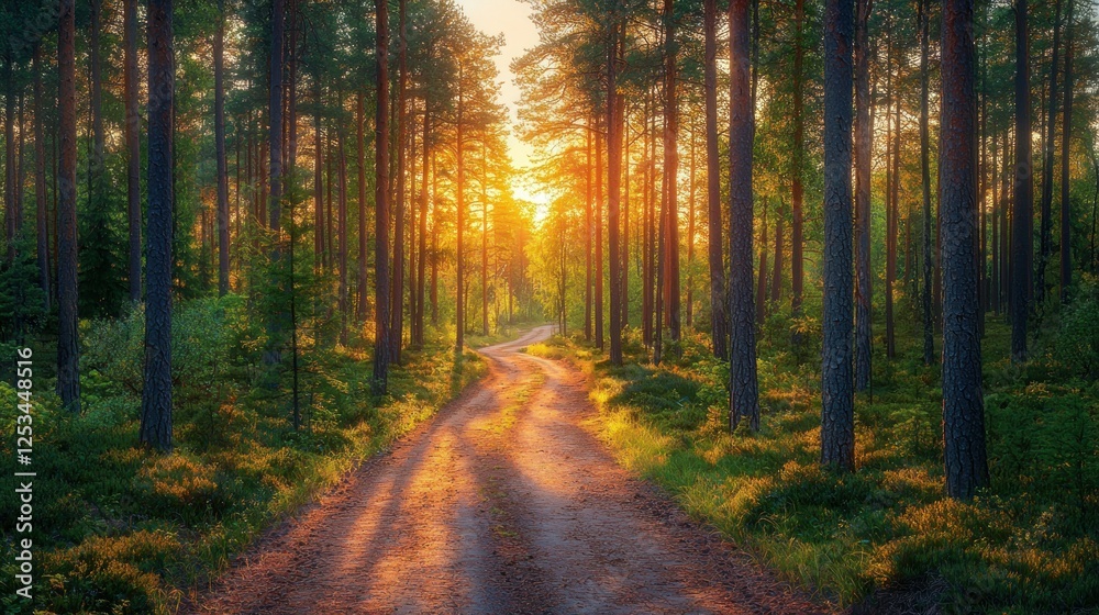 Fototapeta premium Sunset path through pine forest, nature tranquility