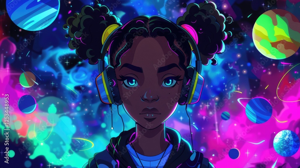 Abstract drawing of a young girl with dark curly hair and headphones against the background of a bright starry sky with planets. Abstract drawing of a young girl with dark curly hair and headphones against the background of a bright starry sky with planets.