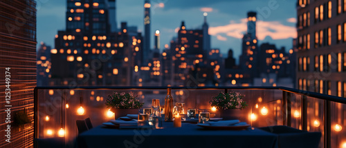 Wallpaper Mural Rooftop table set for evening, city skyline illuminated by night lights-2 Torontodigital.ca