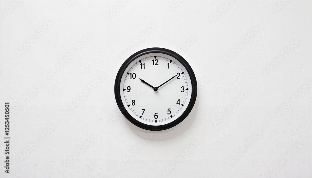 Round clock displaying time on white wall, concept of punctuality Round clock displaying time on white wall, concept of punctuality