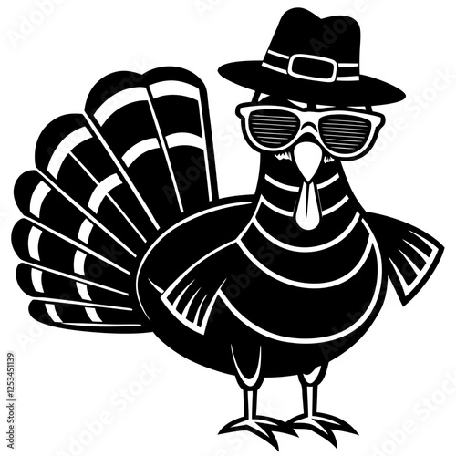 A playful and humorous image of a Thanksgiving turkey wearing sunglasses and a hat