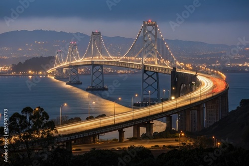 Long shot of the Richmond-San Rafael Bridge illuminated at night with blurred traffic and distant city lights, San Rafael Bridge, Richmond Bay Bridge, highway photography photo