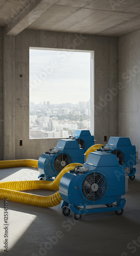 Blue industrial air movers for concrete drying at construction site. Rent equipment for restoration, water damage, and clean up!