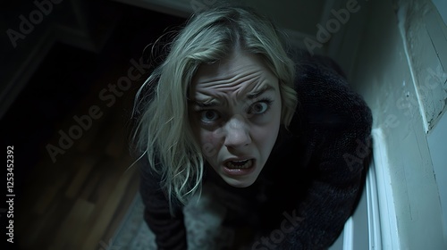 Terrified Woman Hiding in Corner Dark Room Fearful Expression