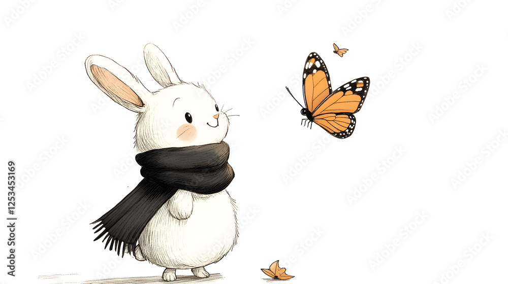 Fototapeta premium Cute rabbit encountering butterfly in nature whimsical illustration playful vibe