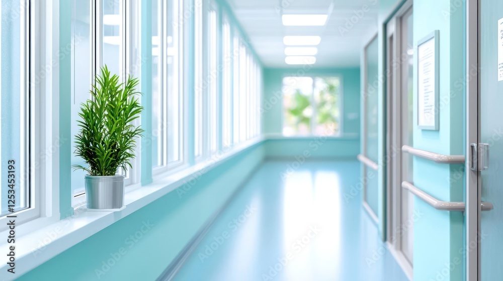 Fototapeta premium Hospital Corridor With Light Blue Walls And Windows