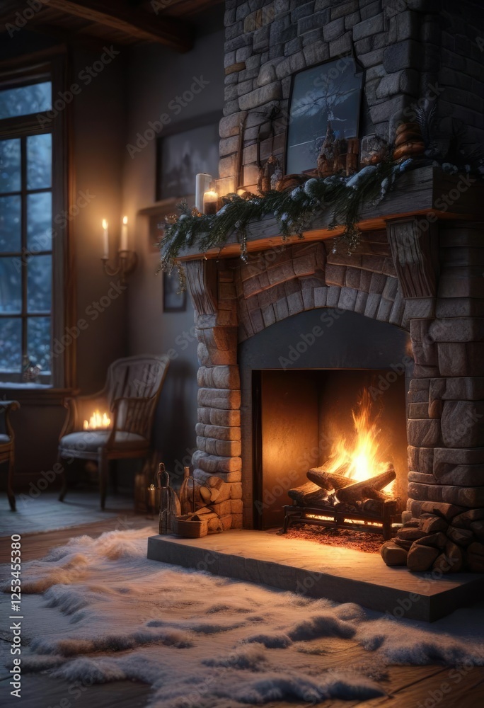 Magical winter scene by the crackling fireplace at night, snowflake, mantel, candles Magical winter scene by the crackling fireplace at night, snowflake, mantel, candles