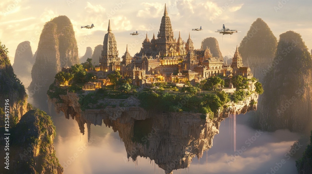 Obraz premium Floating Asian City, Ancient Architecture in the Clouds.