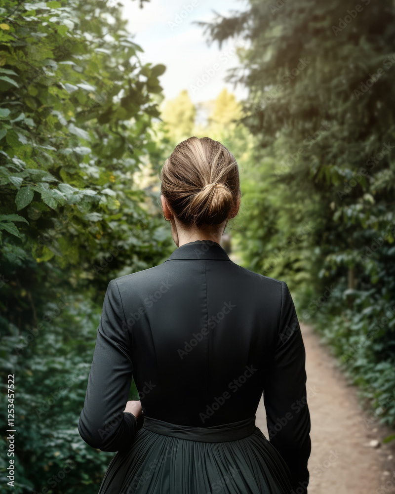 Fototapeta premium Woman walking along forest path surrounded by lush greenery in soft afternoon light