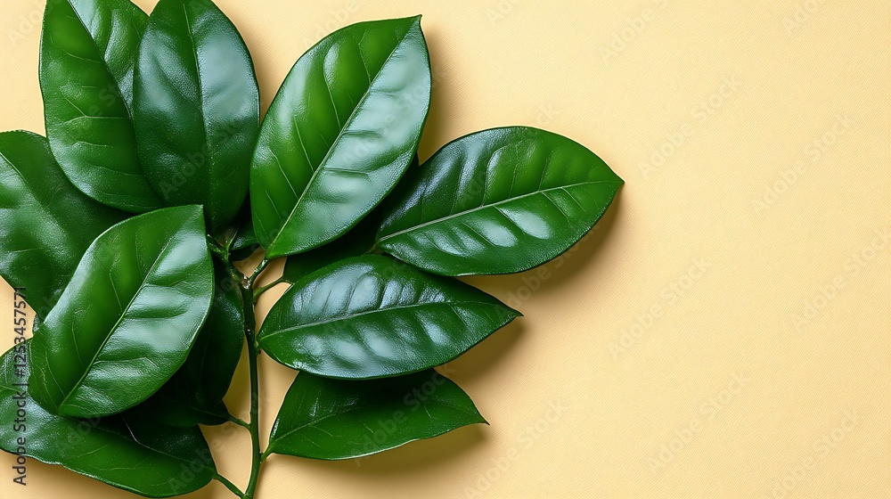 Fototapeta premium Lush Green Leaves on Pale Yellow Background