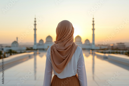 A radiant Muslim woman wearing a stylish hijab, a long modest skirt, and chic sandals, standing confidently in front of a grand mosque during the early morning.