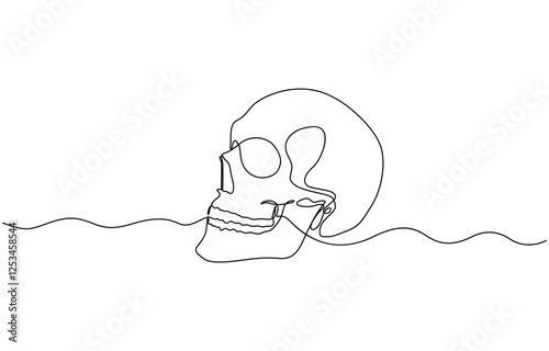 Continuous one line human anatomical skull vector illustration, Single continuous line drawing black and white illustration of skull human head bone.