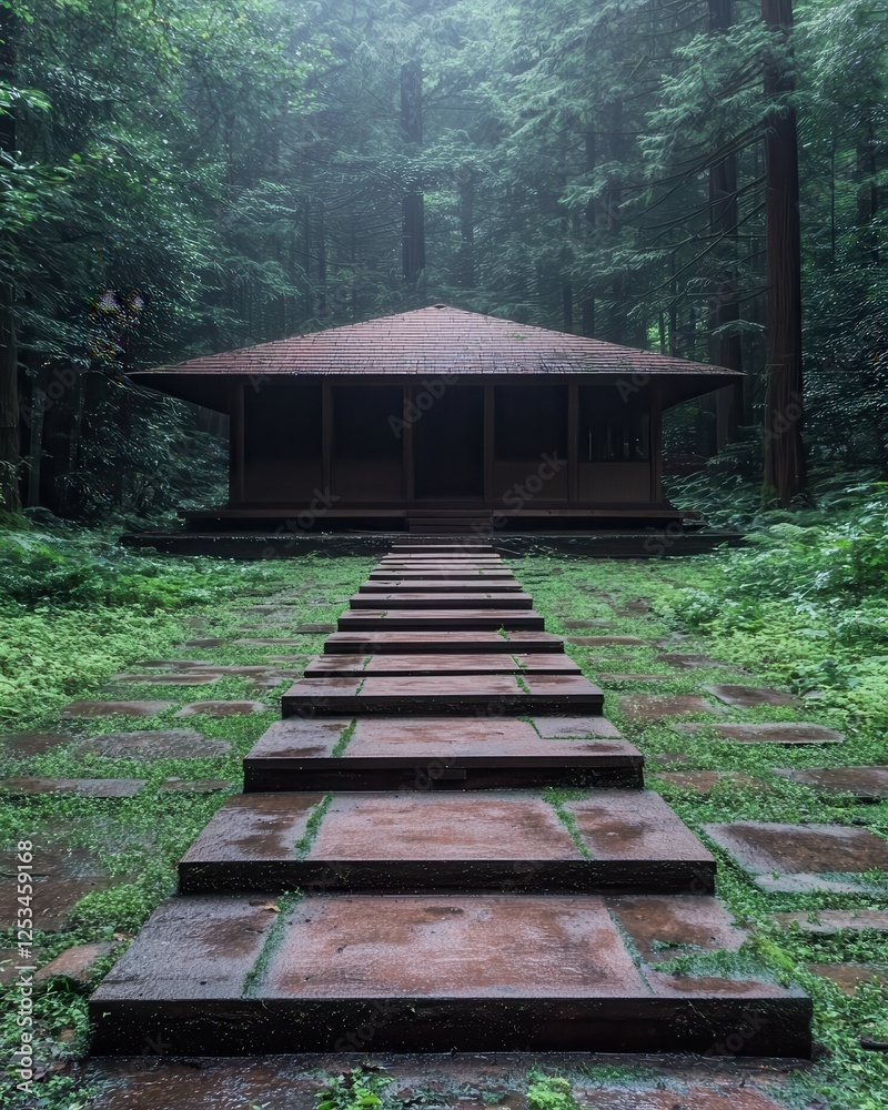 A serene forest pathway leads to a traditional wooden structure, surrounded by lush greenery and mist, creating a tranquil atmosphere. A serene forest pathway leads to a traditional wooden structure, surrounded by lush greenery and mist, creating a tranquil atmosphere.