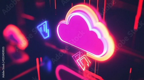 Vibrant Neon Cloud Computing Icons on Dark Background for Tech Concept