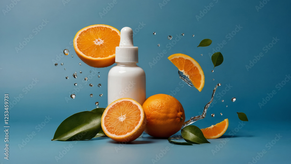 Citrus fruit vitamin c serum oil beauty care, anti aging natural cosmetic with fresh orange on blue background,oranges fly in the air with droplets of juice