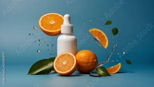 Obraz na płótnie Citrus fruit vitamin c serum oil beauty care, anti aging natural cosmetic with fresh orange on blue background,oranges fly in the air with droplets of juice w salonie