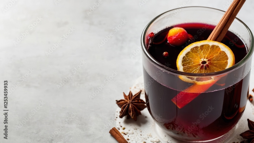 Christmas mulled red wine or tea with spices and fruits on a white background. Traditional hot drink at Christmas time