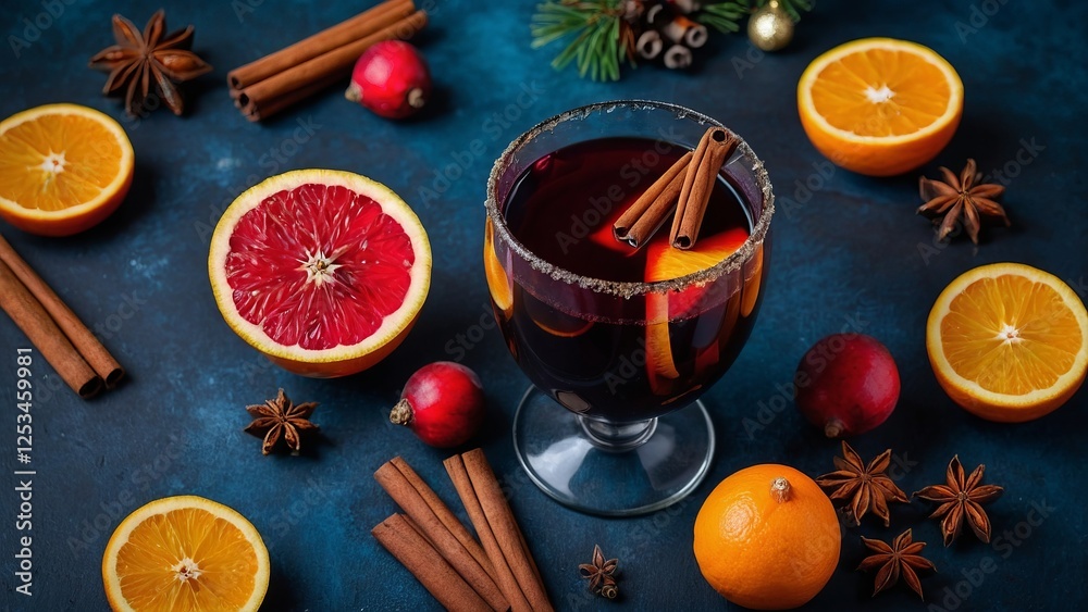 Christmas mulled red wine or tea with spices and fruits on a blue background. Traditional hot drink at Christmas time
