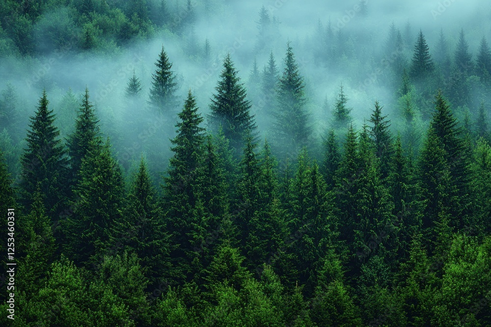 Misty evergreen forest canopy Misty evergreen forest canopy