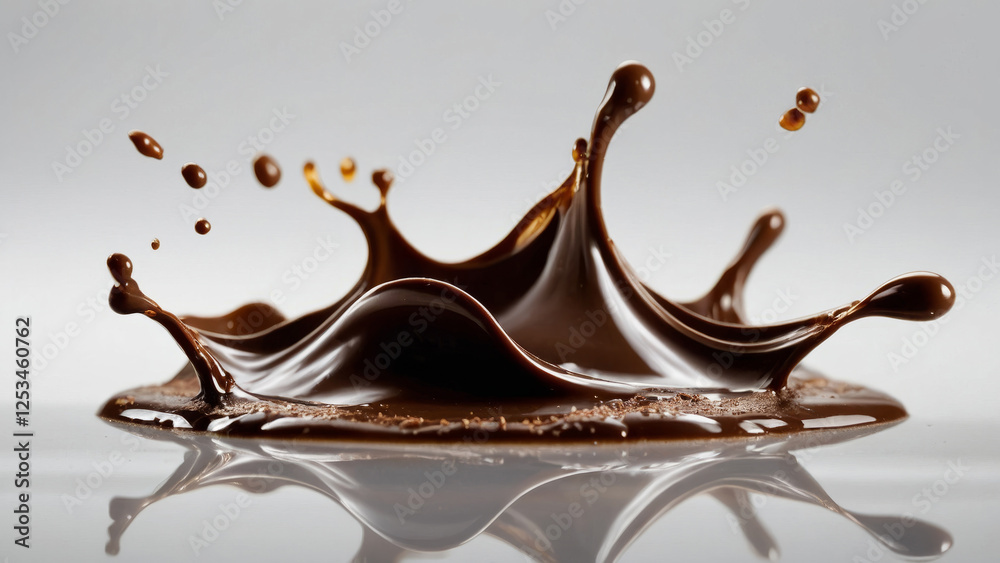 Chocolate splashes and splash of chocolate drink, cocoa on white background