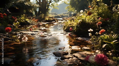 The gentle dance of light reflecting off rippling water in a shaded garden pond.