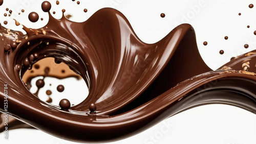 Chocolate splashes and wave of chocolate drink, cocoa on white background