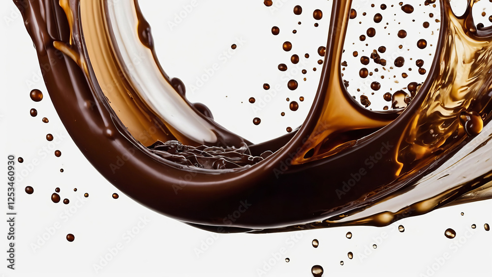 Chocolate splashes and wave of chocolate drink, cocoa on white background