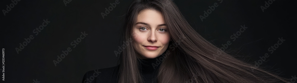 Portrait of a woman with long hair against a dark background showcasing confidence and beauty Portrait of a woman with long hair against a dark background showcasing confidence and beauty