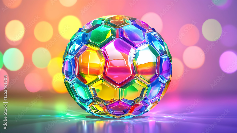 Naklejka premium Colorful crystal soccer ball rests on a reflective surface against a vibrant bokeh background.