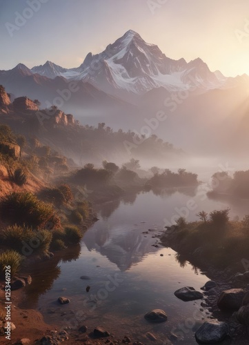 Misty sunrise over Aconcagua Laguna de Horcones, mist, Andes mountains photo