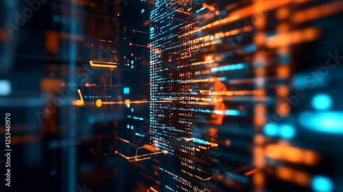 Abstract digital interface with glowing orange and blue data streams
