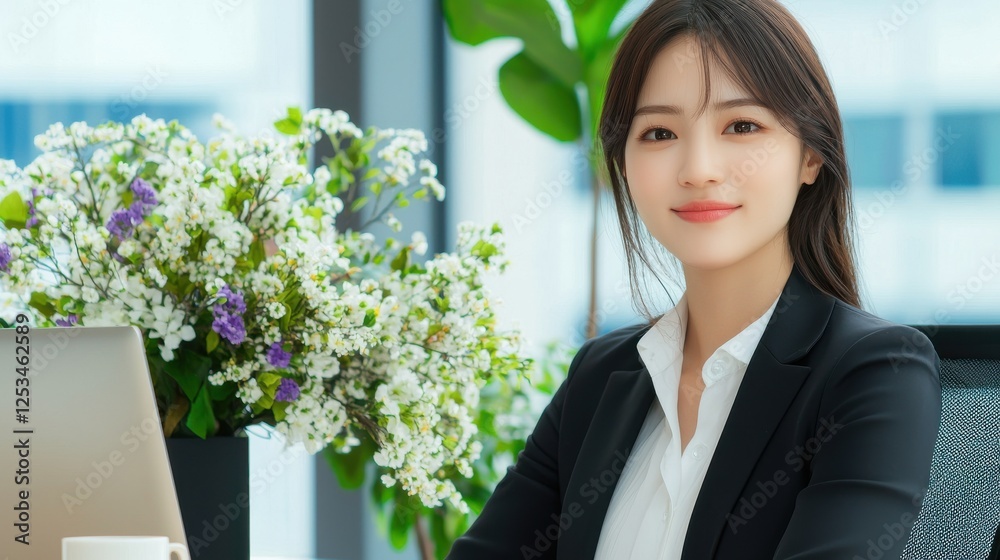 Career Advice style. Professional woman at a desk with flowers and a laptop in a bright office. Career Advice style. Professional woman at a desk with flowers and a laptop in a bright office.