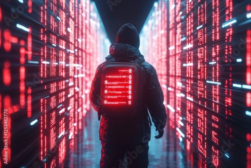 A cyberpunk-inspired hacker specialist surrounded by neon-lit floating data, decrypting encrypted files in a futuristic city