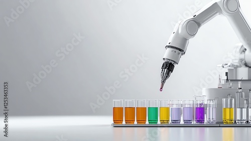 a robotic arm handling a complex chemical reaction, advanced laboratory automation, photorealistic, isolated on white background