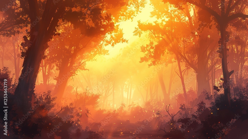 Misty forest in the early morning, with the sun slowly rising above the treetops, casting a soft golden light across the fog-covered ground. Misty forest in the early morning, with the sun slowly rising above the treetops, casting a soft golden light across the fog-covered ground.