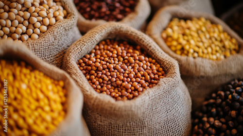 Close-up of various grains and seeds in burlap sacks at a market, showcasing diversity and abundance in natural agricultural commodities. Concept of sustainability, nutrition, and global trade.
