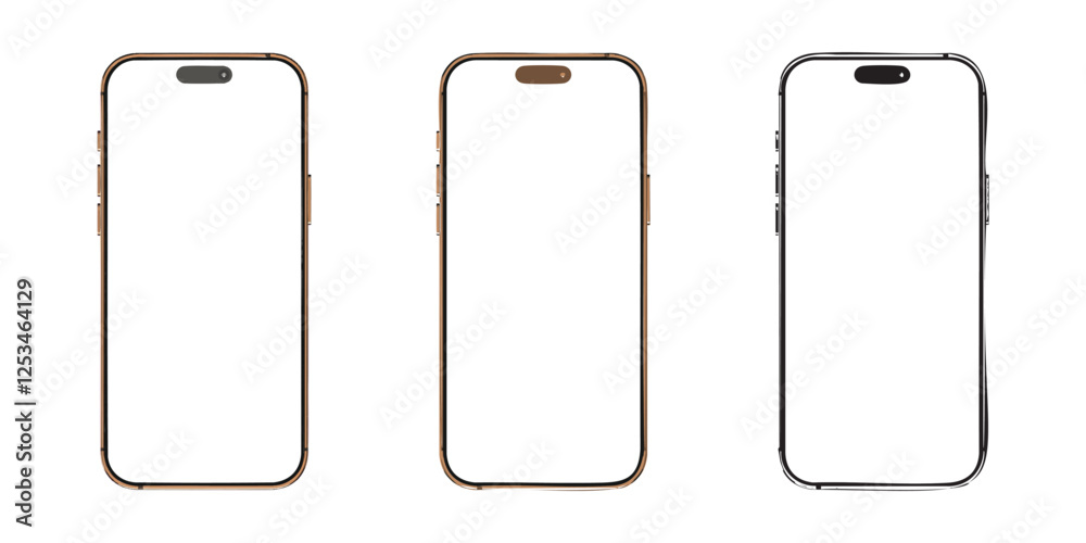Set of 3 Vector Smartphone Titanium Desert – Orthographic Front View – Realistic, Illustration, and Line Art – Fully Editable and Scalable Set of 3 Vector Smartphone Titanium Desert – Orthographic Front View – Realistic, Illustration, and Line Art – Fully Editable and Scalable