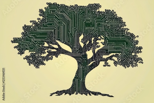 A tree with branches turning into circuit board patterns symbolizing the fusion of nature and technology. photo