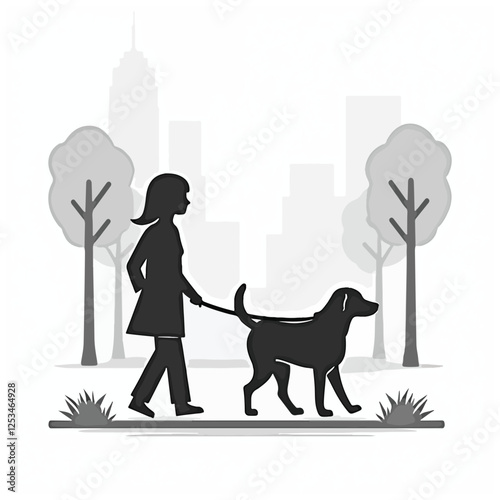 Vector silhouette of man who walk with his dog with leash on white badkground. Symbol of animal, pet, friends,walk