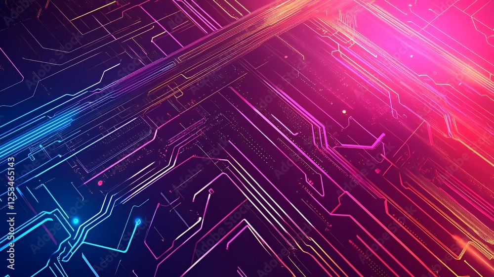 Abstract Neon Circuit Board Design With Glowing Lines Abstract Neon Circuit Board Design With Glowing Lines