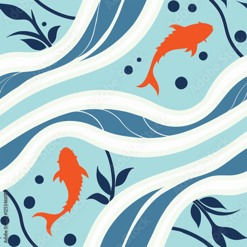seamless abstract pattern with waves and fishes