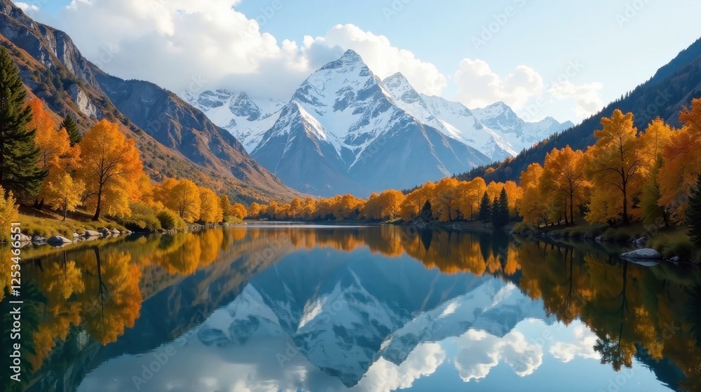 Obraz premium Serene autumnal lake reflecting snow-capped peaks and vibrant golden foliage, a picturesque landscape of tranquility and natural beauty