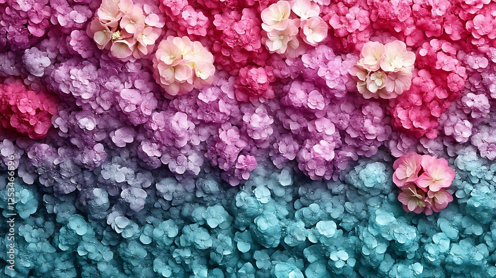 Fototapeta premium A vibrant gradient of pink and blue hydrangeas
