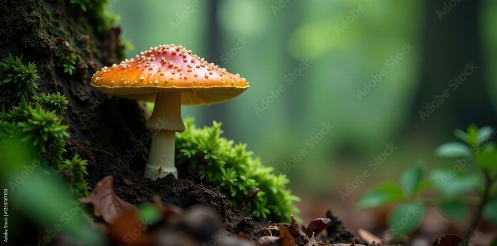 Fototapeta premium Orange cap mushroom growing from tree roots in misty forest environment, mist, mycology