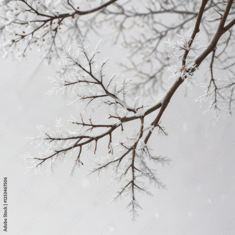 Ornamented branch on a bare tree against a white background with subtle snowflakes, gentle hue, serene ambiance Ornamented branch on a bare tree against a white background with subtle snowflakes, gentle hue, serene ambiance